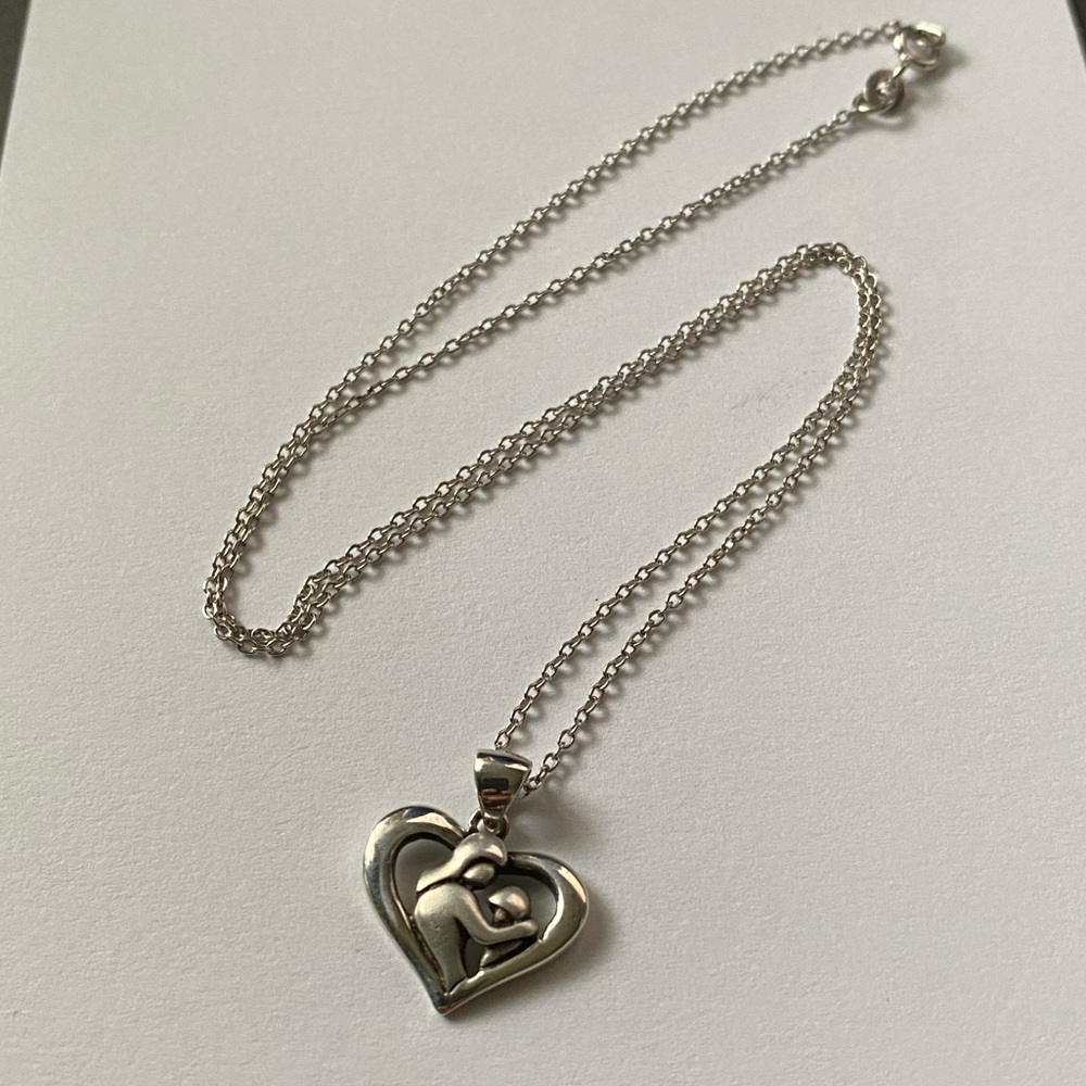 Mother & Child Sterling Silver Heart Pendant Necklace